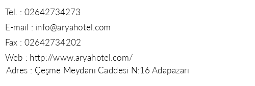 Hotel Arya telefon numaralar, faks, e-mail, posta adresi ve iletiim bilgileri